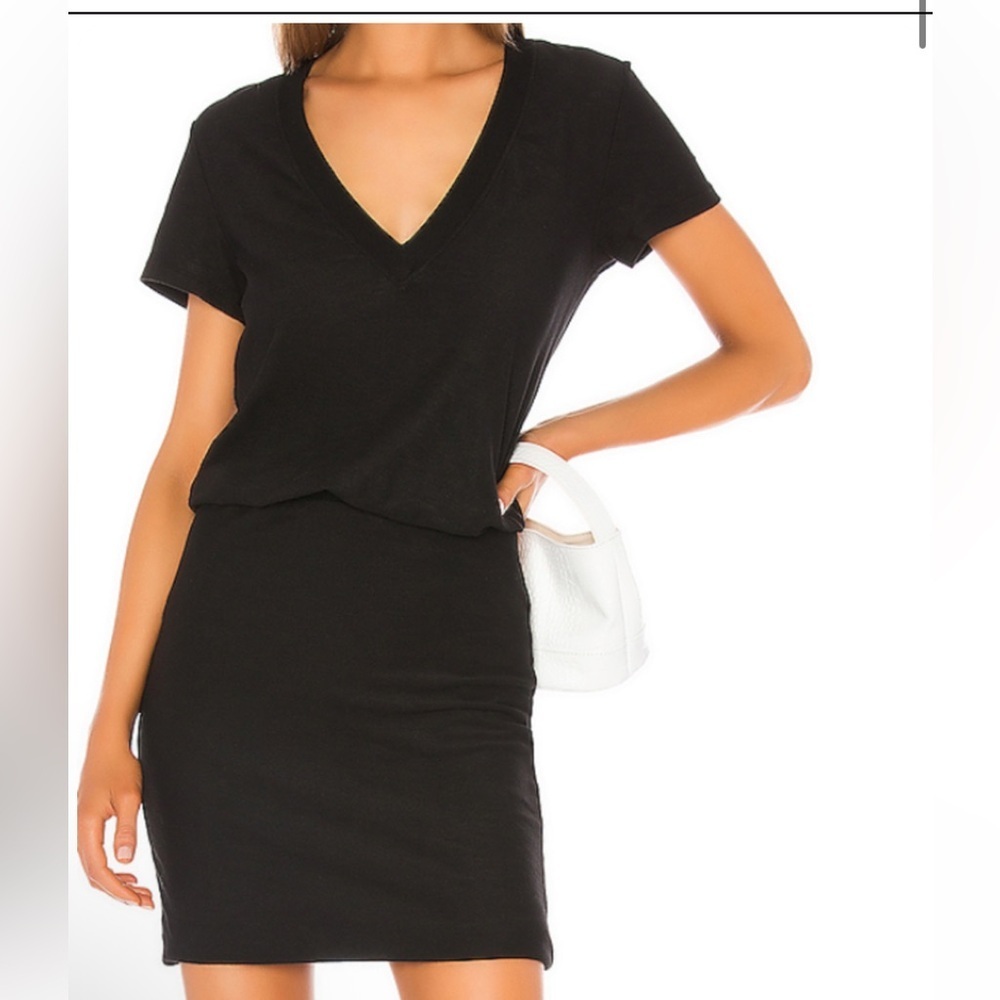 James Perse SHORT SLEEVE V NECK BLOUSON DRESS in Carbon Size 0